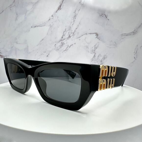 MIU MIU Sunglasses New Black Acetate Gold Metal Logo Square Cat Eye Authentic - Picture 8 of 16